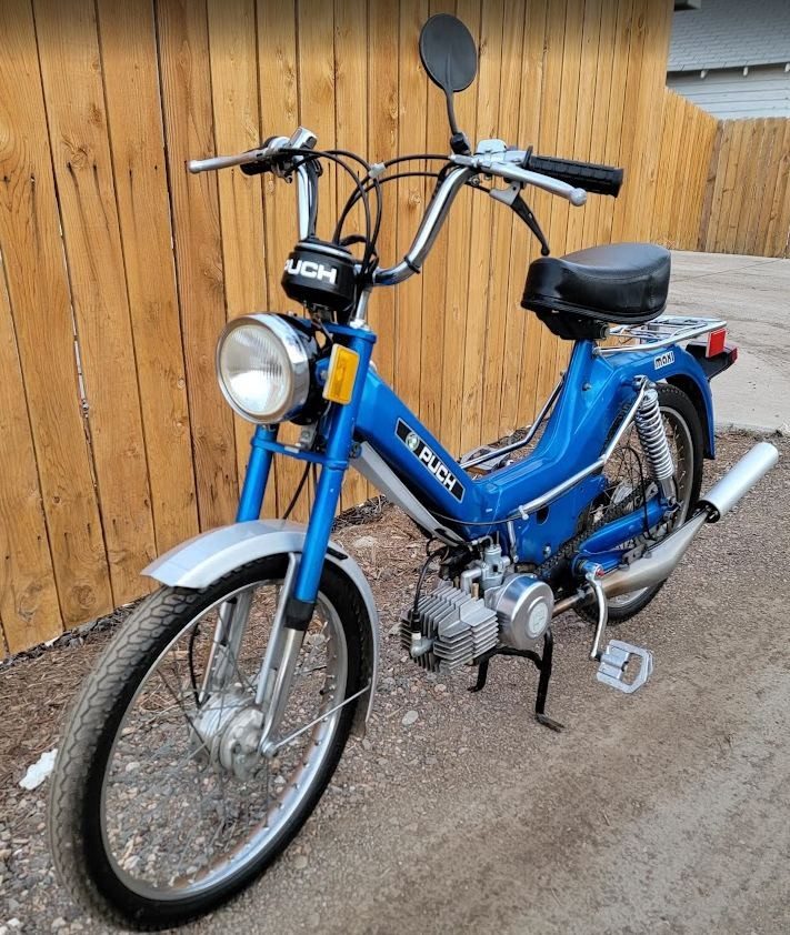 A blue Puch in the Moped Motel fleet