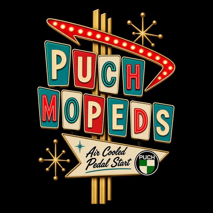 Puch Mopeds Motel Sign T-Shirt - vintage Puch moped shirt by Moped Motel
