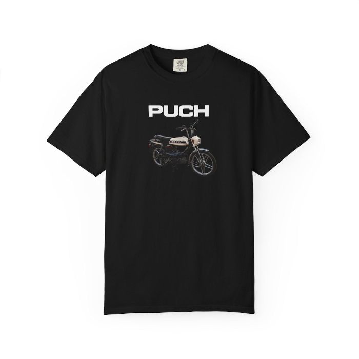 White Puch Cobra T-Shirt - vintage Puch Cobra moped shirt by Moped Motel